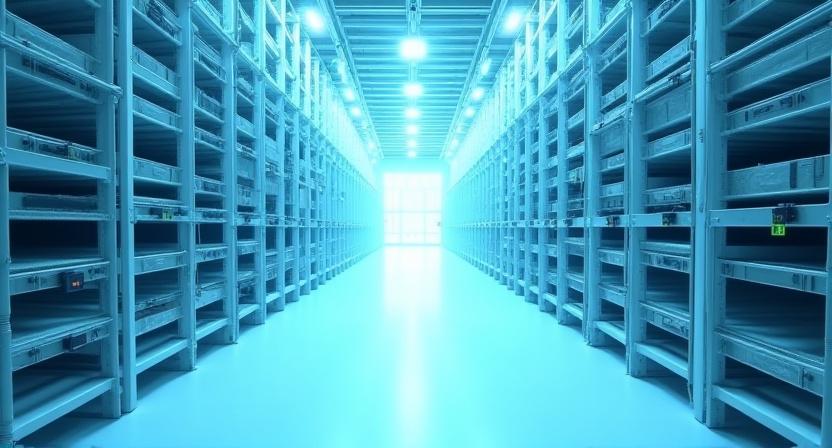 Clean modern cold storage warehouse with high-tech shelving